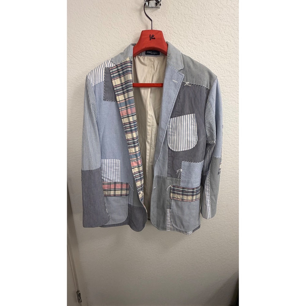 Polo Ralph Lauren Patchwork Seersucker Plaid Blazer Made in Italy Blue Mens 46